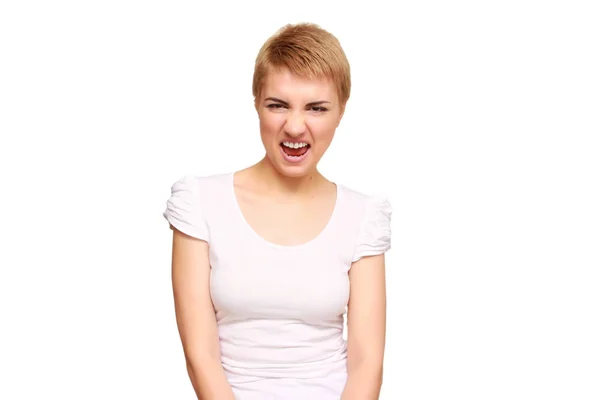 Portrait skeptical, upset young woman looking suspicious, disgust on face, mixed disapproval, isolated white background. Negative human emotion, facial expression, feeling, attitude — Stock Photo, Image