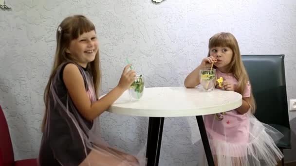 Δύο κοριτσάκια στο τραπέζι πίνουν ένα δροσερό ποτό. — Αρχείο Βίντεο