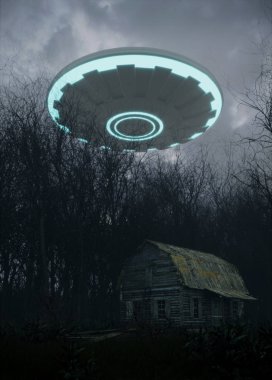 3D render Ufo orman kulübede üzerinde