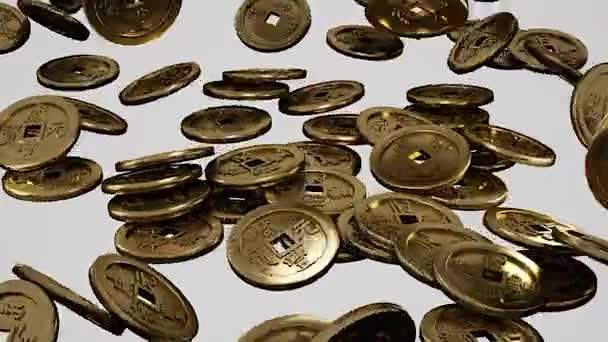 Ouro chinas moedas caindo — Vídeo de Stock