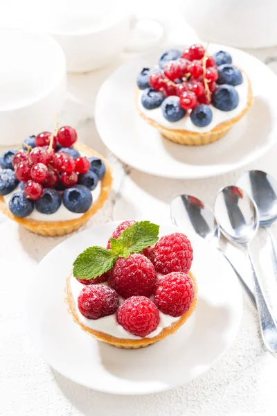 Mini tarts with cream and berries on white background, vertical — Stock Photo, Image