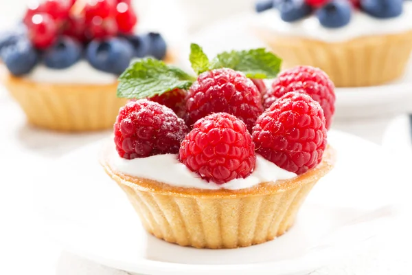 Mini tarts with cream and berries, closeup — Stock Photo, Image