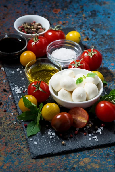 Mozzarella, verse groenten en kruiden voor voorbereiding salade — Stockfoto