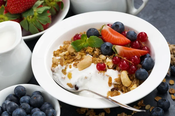 Muesli com bagas frescas e iogurte para café da manhã, close-up — Fotografia de Stock