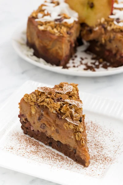Piece of apple and caramel cake, top view — Stock fotografie