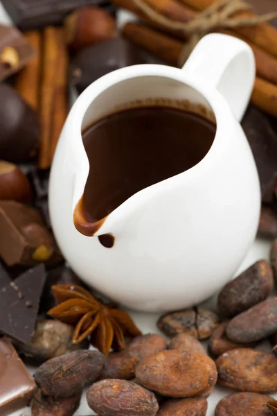 Salchicha con chocolate caliente e ingredientes, primer plano — Foto de Stock