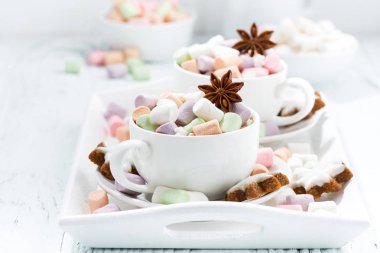 Renkli şekerleme ve baharat beyaz fincan kakao