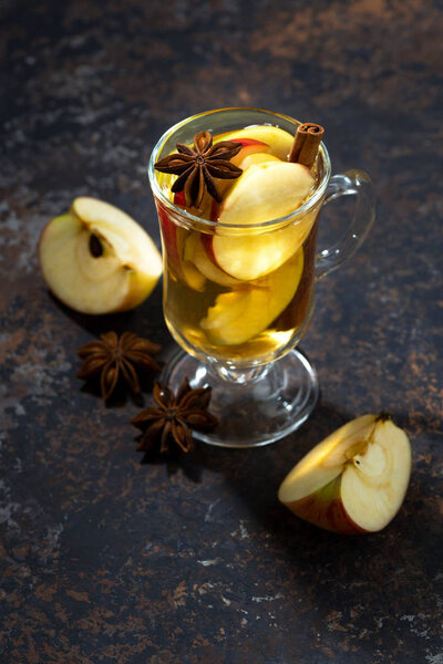 hot apple tea with spices, top view