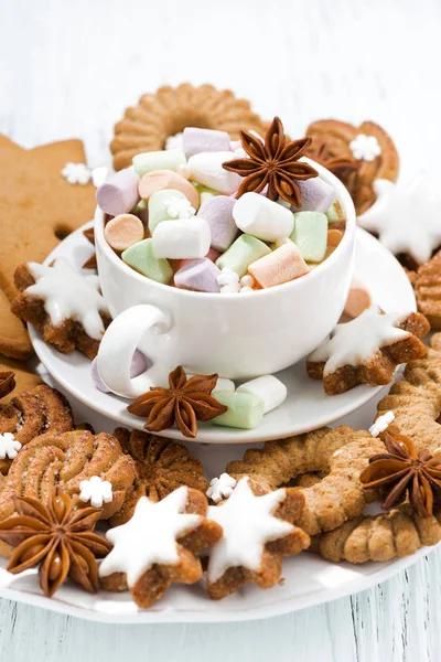 Marshmallow in a cup and assortment of Christmas cookies — Stock Photo, Image