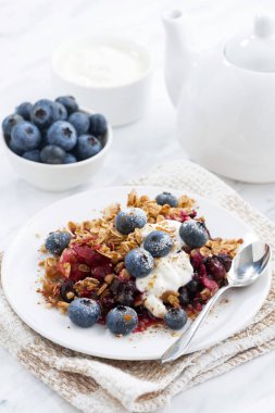 Berry kek ile yulaf gevreği tabakta, dikey