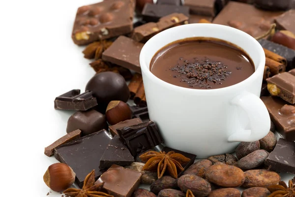 Cup of hot chocolate and ingredients, isolated — Stock Photo, Image