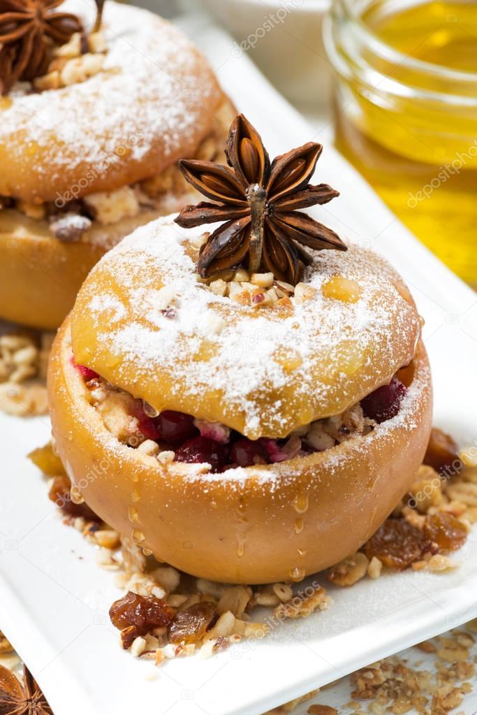 festive baked stuffed apples, top view closeup