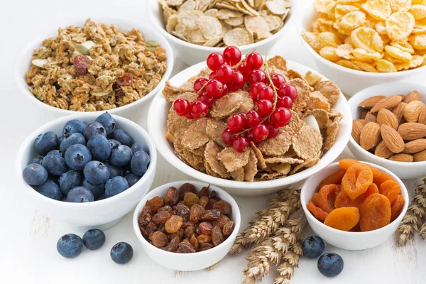 Assortment of different breakfast cereal, dried fruit — Stock Photo, Image
