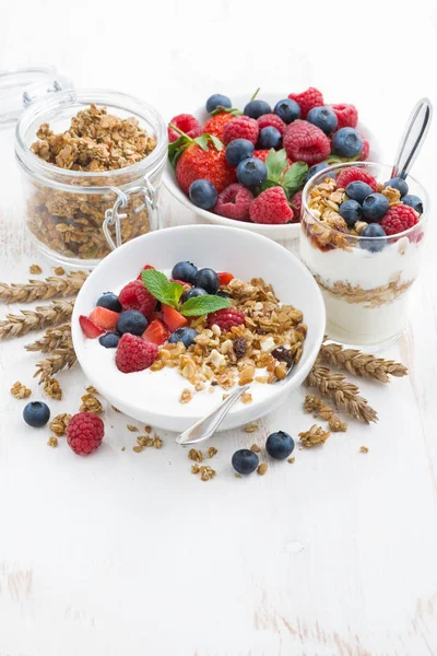 Pequeno-almoço saudável com iogurte natural, muesli e bagas — Fotografia de Stock