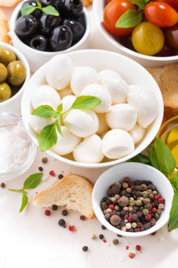 Beyaz masa üzerinde mozzarella salatası için taze malzemeler