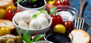 Mozzarella peyniri, closeup salatası hazırlık için malzemeler