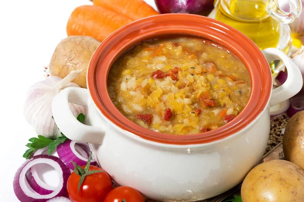 Здоровый обед, суп с чечевицей и овощами — стоковое фото