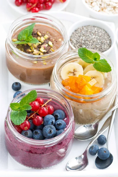 Pequeno-almoço variado de sementes de chia e frutas em frascos, vista superior — Fotografia de Stock