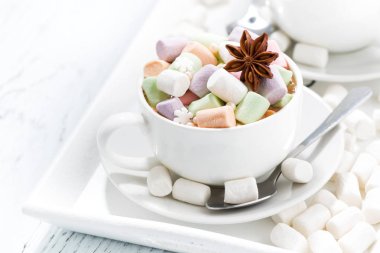 Renkli şekerleme ve baharat beyaz fincan kakao