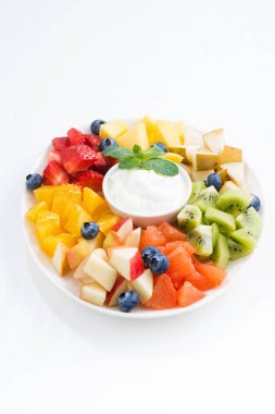 meyve salatası ve doğal yoğurt, dikey için malzemeler
