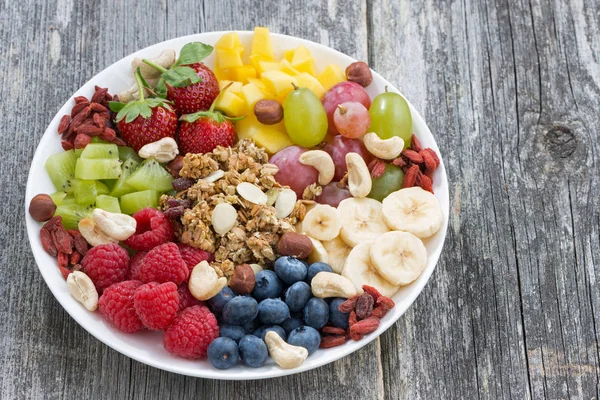 Ingredienser för en hälsosam frukost i plattan — Stockfoto