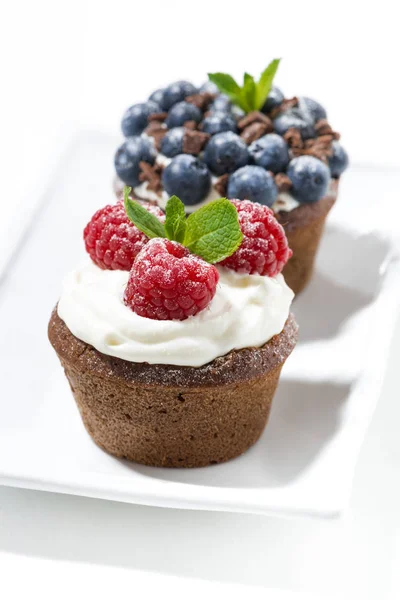 Söt choklad muffins med färska bär till efterrätt — Stockfoto