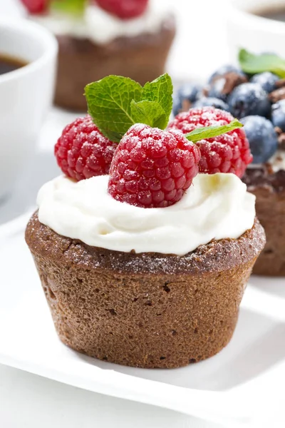 Cupcakes de chocolate doce com bagas frescas para sobremesa — Fotografia de Stock