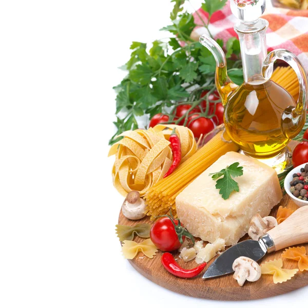 Parmesan, spices, olive oil, different pasta and herbs, isolated — Stock Photo, Image