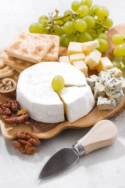 Camembert, üzüm ve kraker beyaz bir arka planda, dikey