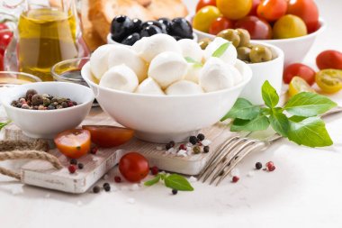 Beyaz masa üzerinde mozzarella salatası için taze malzemeler