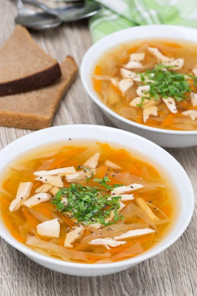 Two bowls of vegetable soup with chicken — Stock Photo, Image