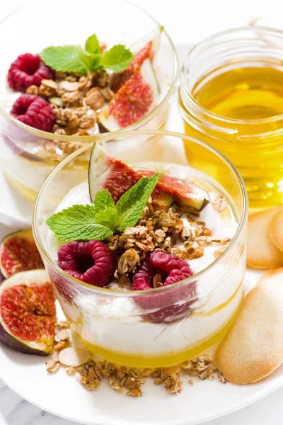 Söt yoghurt med honung, hallon och färska fikon, vertikal — Stockfoto