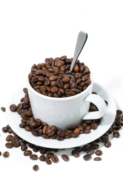 Tazza con chicchi di caffè su sfondo bianco, concept photo — Foto Stock