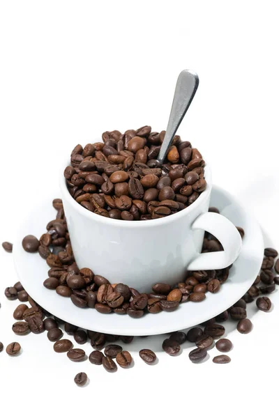 Cup with coffee beans on white background, concept photo Royalty Free Stock Photos