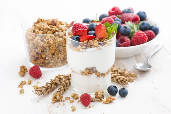 Healthy dessert with natural yogurt, muesli and berries — Stock Photo, Image