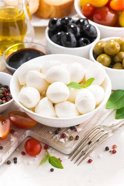 Ingredientes para ensalada con mozzarella sobre mesa blanca, vertical — Foto de Stock