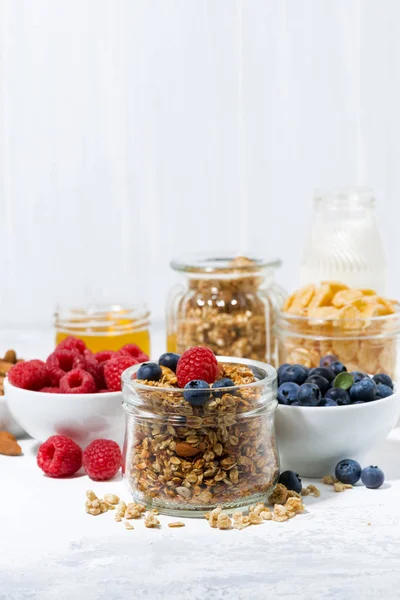 Productos saludables para el desayuno, granola y bayas —  Fotos de Stock