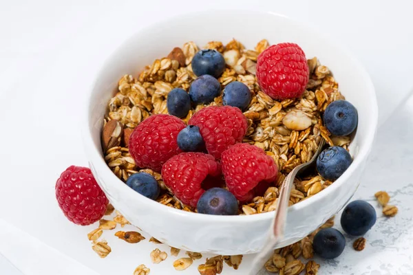 Tvaroh s müsli a čerstvých bobulí, closeup — Stock fotografie