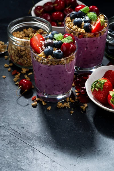 Egészséges blueberry granola és a friss bogyós gyümölcsök — Stock Fotó
