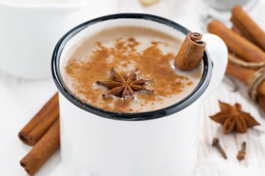 Masala çay bir fincan ve malzemeler, yatay