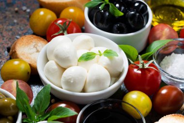 Mozzarella peyniri, taze malzemelerle salata ve ekmek