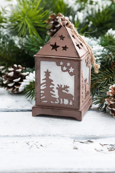 Vintage decorative lantern on a background of Christmas tree — Stock Photo, Image