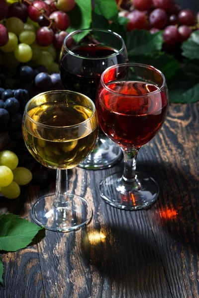 Ahşap masa, dikey şarap çeşitleri — Stok fotoğraf