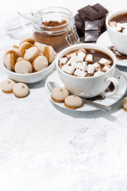 Beyaz arka plan üzerinde marshmallow ile sıcak çikolata bardak