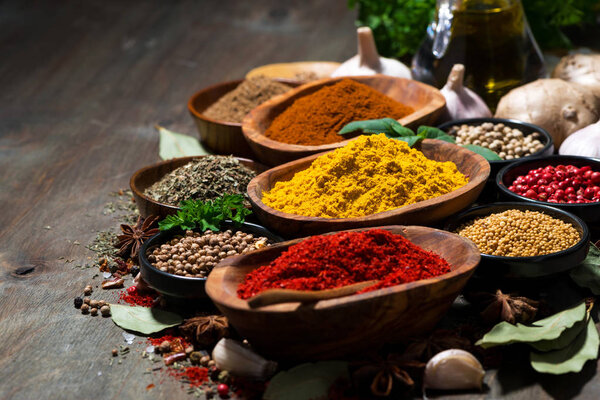 assortment of spices and herbs, selective focus