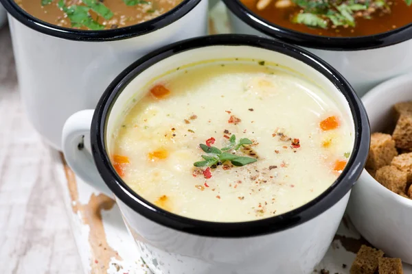 Macam-macam sup panas di cangkir, closeup — Stok Foto