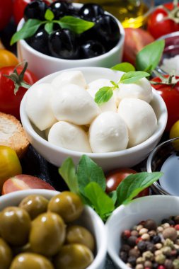 Mozzarella peyniri, taze malzemelerle salata ve ekmek, dikey 