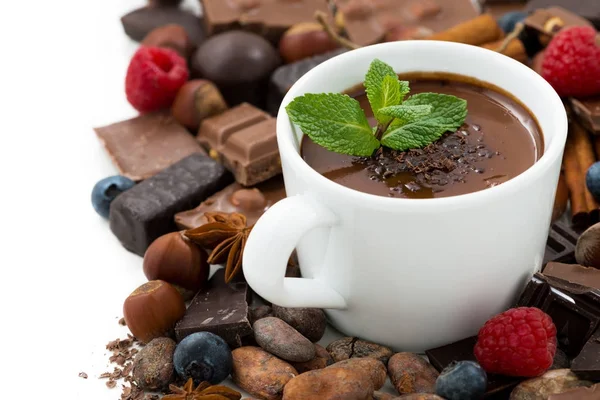 Chocolate quente com hortelã em uma xícara e ingredientes, isolados — Fotografia de Stock