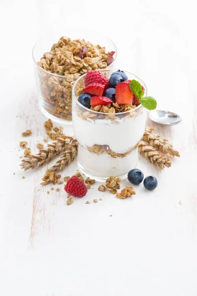 Dessert sain avec yaourt naturel, muesli et baies — Photo