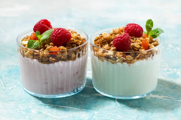 Postre con granola, frambuesa, fruta y yogur natural —  Fotos de Stock